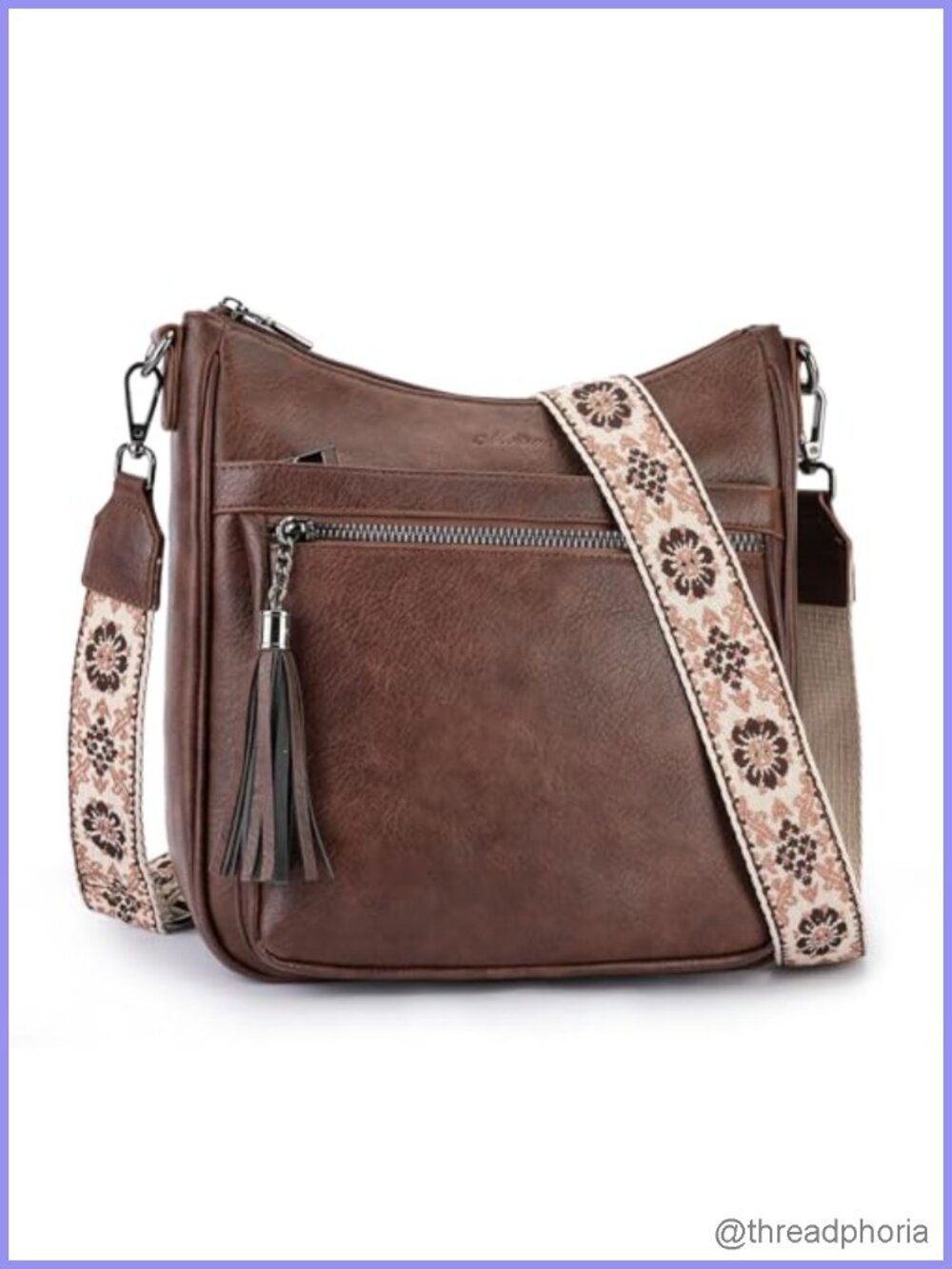 Vegan Leather Crossbody Hobo Bag with Tassel - Adjustable Strap